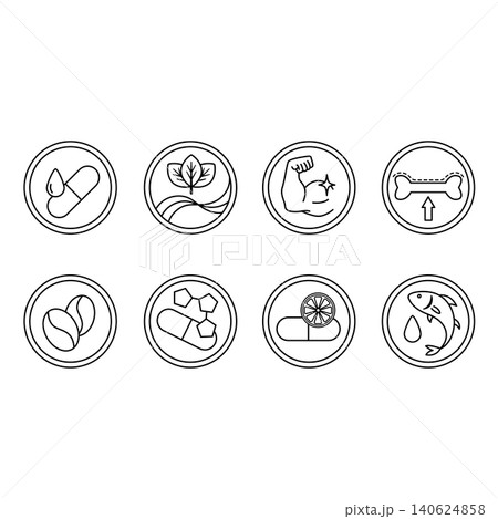 Labels for Medicine and Food Packaging. Vector Icons of Vitamin E, Fiber, Protein, Calcium, Caffeine, Minerals, Vitamin C, Omega 3 Fatty Acids 140624858