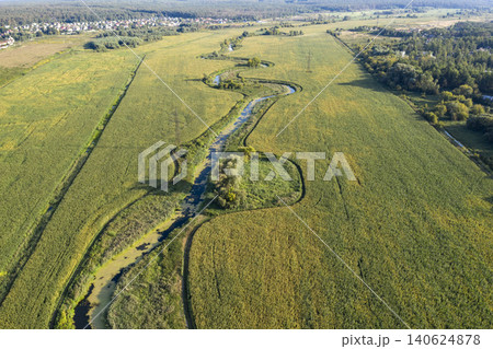 banks of a swampy river, aerial view 140624878