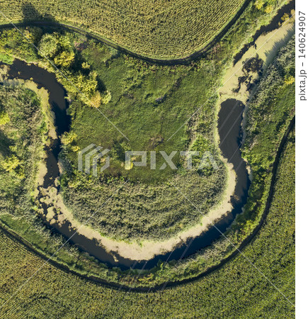 banks of a swampy river, aerial view 140624907