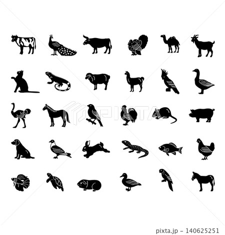 Black Domestic Animals Icons. Vector Illustrations Cow, Peacock, Bull, Turkey, Camel, Goat, Cat, Iguana, Sheep, Llama, Parrot, Goose, Ostrich, Horse, Rabbit, Mouse, Pig and Others 140625251