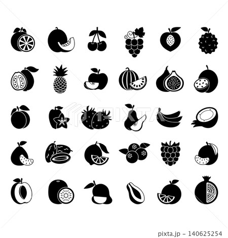 Black Fruit Icon Set. Vector Icons of Apple, Pear, Kiwi, Watermelon, Orange, Peach, Apricot, Passion Fruit, Pineapple, Fig, Strawberry, Pomelo, Banana, Raspberry, Mango and More Black Fruit Icon Set. Vector Icons of Apple, Pear, Kiwi, Watermelon, Orange, Peach, Apricot, Passion Fruit, Pineapple, Fig, Strawberry, Pomelo, Banana, Raspberry, Mango and More 140625254