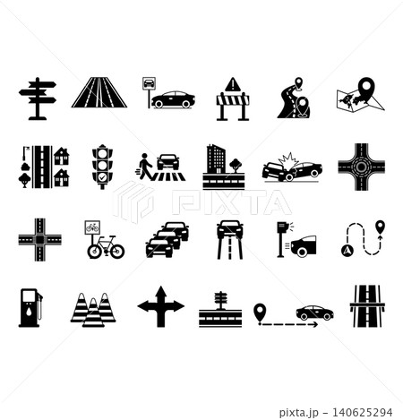 Black Road Icon Set. Vector Icons City, Sign, Street, Parking, Route, Traffic Light, Pedestrian Crossing, Car Accident, Barrier, Crossroad and More Black Road Icon Set. Vector Icons City, Sign, Street, Parking, Route, Traffic Light, Pedestrian Crossing, Car Accident, Barrier, Crossroad and More 140625294