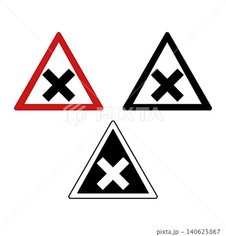 Signs Crossroad Warning. Warning Road Signs. Red, Black, and White Vector Icons Signs Crossroad Warning. Warning Road Signs. Red, Black, and White Vector Icons 140625867