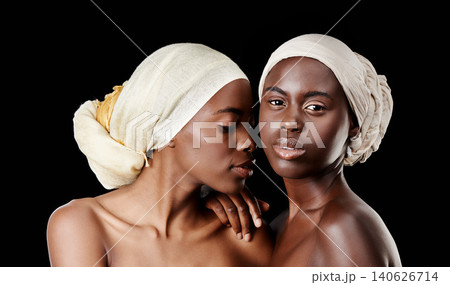 Black background, portrait and African woman with scarf in studio for wellness, health and hair care treatment. Salon aesthetic, culture and face of people with accessories, cosmetics and makeup 140626714