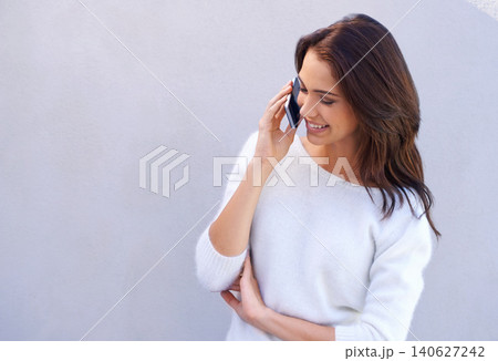 Smartphone, wall and smile of woman with phone call for communication, funny conversation or gossip. Happy, female person and mobile tech with connection, networking and mockup on white background Smartphone, wall and smile of woman with phone call for communication, funny conversation or gossip. Happy, female person and mobile tech with connection, networking and mockup on white background 140627242