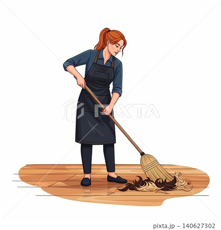 Assistant Sweeping Cut Hair Piles Flat Vector Illustration 140627302