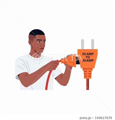 Young Black Man Connecting 50-Amp to 30-Amp Electrical Adapter Young Black Man Connecting 50-Amp to 30-Amp Electrical Adapter 140627676