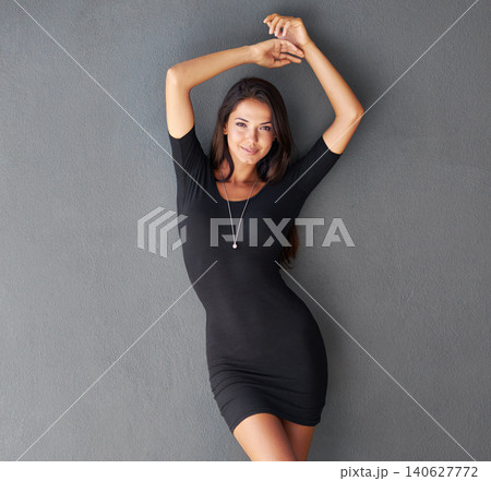 Portrait, woman or fashion with elegant style isolated on wall or grey background with space or or body. Classy dress, confident lady or fancy person in studio with pride, mock up or trendy clothes Portrait, woman or fashion with elegant style isolated on wall or grey background with space or or body. Classy dress, confident lady or fancy person in studio with pride, mock up or trendy clothes 140627772
