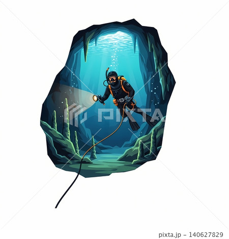 Cave Diver Exploring Underwater Cavern Cave Diver Exploring Underwater Cavern 140627829