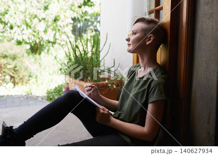 Woman, writing notes and thinking on floor in home for brainstorming, reflection and serious by garden. Dream, notepad and student with creative ideas, inspiration and planning to do list on journal Woman, writing notes and thinking on floor in home for brainstorming, reflection and serious by garden. Dream, notepad and student with creative ideas, inspiration and planning to do list on journal 140627934