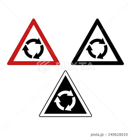 Signs Roundabout Ahead. Warning Road Signs. Red, Black, and White Vector Icons 140628010