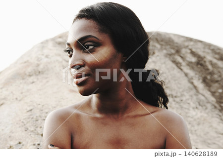 Black woman, thinking or vision of dermatology, skincare or idea of wellness, health or cosmetology. Glow, female person or inspired by memory of natural, organic or sunscreen as flawless skin makeup Black woman, thinking or vision of dermatology, skincare or idea of wellness, health or cosmetology. Glow, female person or inspired by memory of natural, organic or sunscreen as flawless skin makeup 140628189