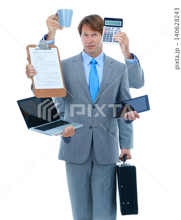 Businessman, portrait and hands with multitasking for finance or accounting on a white studio background. Man or employee with calculator, documents and technology for financial audit or daily budget 140628243