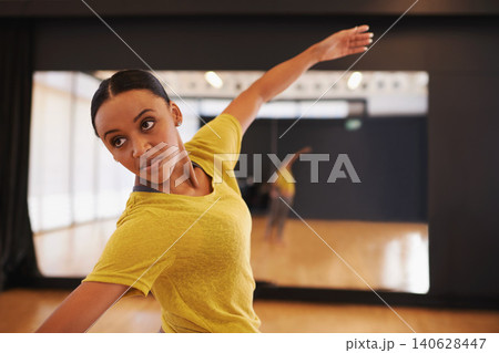 Ballet, dance and woman in fitness studio for performance, show or theater rehearsal. Art, balance or female dancer with classic, beauty or movement for ballroom, steps or warm up for stage training 140628447