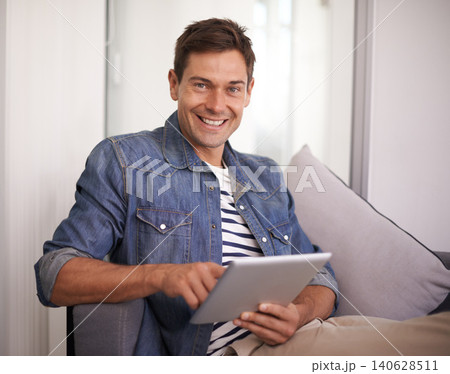 Portrait, smile and business man with tablet in office, startup or company for creative job in workplace. Face, happy professional and entrepreneur with technology for employee or designer in Canada Portrait, smile and business man with tablet in office, startup or company for creative job in workplace. Face, happy professional and entrepreneur with technology for employee or designer in Canada 140628511