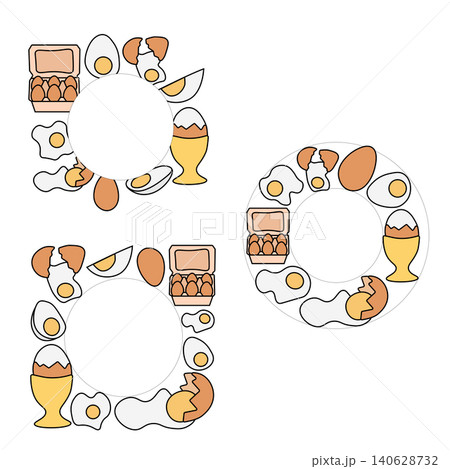 Egg whole fried, boiled, fresh circle round frame set. Egg template hand drawn illustration. Vector graphic line art. Perfect for cafe logo, poster, invitation, backdrop, ad, sale promotion, print Egg whole fried, boiled, fresh circle round frame set. Egg template hand drawn illustration. Vector graphic line art. Perfect for cafe logo, poster, invitation, backdrop, ad, sale promotion, print 140628732