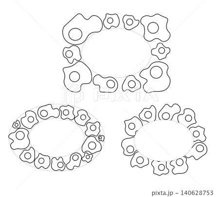 Fried Egg oval frame set. Egg template hand drawn illustration. Vector Black and white graphic line art. Breakfast Wreath and Copy Space Sample poster, invitation, holiday banner, postcard. Fried Egg oval frame set. Egg template hand drawn illustration. Vector Black and white graphic line art. Breakfast Wreath and Copy Space Sample poster, invitation, holiday banner, postcard. 140628753