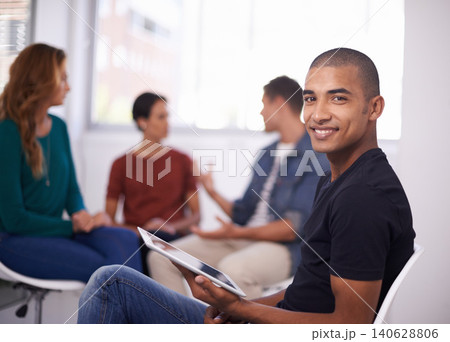 Portrait, smile and business man with tablet in office, startup or company for creative job in workplace. Face, happy professional and entrepreneur with technology, coworking and designer in meeting Portrait, smile and business man with tablet in office, startup or company for creative job in workplace. Face, happy professional and entrepreneur with technology, coworking and designer in meeting 140628806
