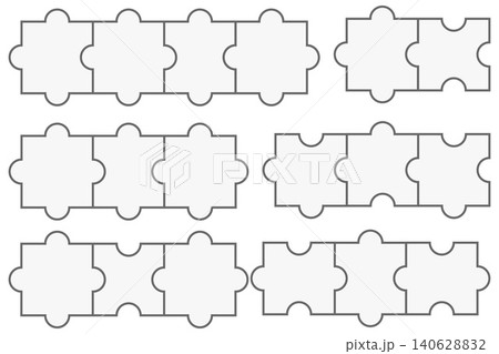 Puzzle grid template with connected pieces and empty frames. Vector jigsaw layout for infographics, training materials and business slides. 140628832