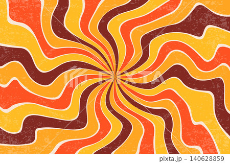 Retro background with pattern of groovy spiral rays. Psychedelic radial summer bg. 70s abstract color poster. Funky sunburst backdrop. Vector illustration Retro background with pattern of groovy spiral rays. Psychedelic radial summer bg. 70s abstract color poster. Funky sunburst backdrop. Vector illustration 140628859