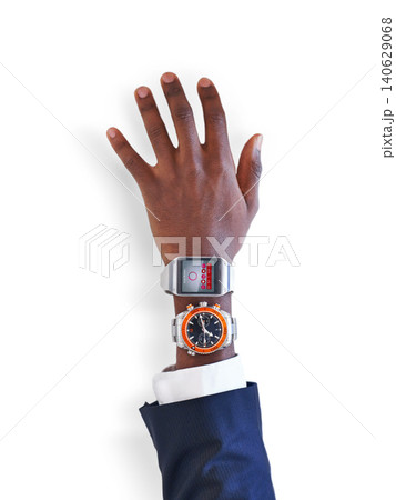 Hand, analog or businessman with smart watch for time technology or device on white background in studio. Closeup, two options or entrepreneur screen display on gadget for futuristic app or choice Hand, analog or businessman with smart watch for time technology or device on white background in studio. Closeup, two options or entrepreneur screen display on gadget for futuristic app or choice 140629068
