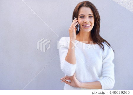 Smartphone, wall and portrait of woman with phone call for communication, conversation and contact. Female person, smile and technology with networking, connection and mockup on white background 140629260