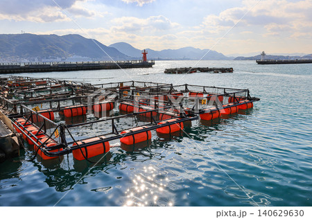Fish farming cages floating in the blue sea near the Breakwater, Aquaculture in at Shimonoseki, Japan. Fish farming cages floating in the blue sea near the Breakwater, Aquaculture in at Shimonoseki, Japan. 140629630