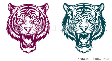 Aggressive roaring tiger head illustration in a powerful tribal tattoo style ready for fierce impact 140629698