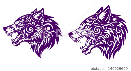 Aggressive snarling wolf head with stylized tribal patterns and sharp fangs in profile view Aggressive snarling wolf head with stylized tribal patterns and sharp fangs in profile view 140629699