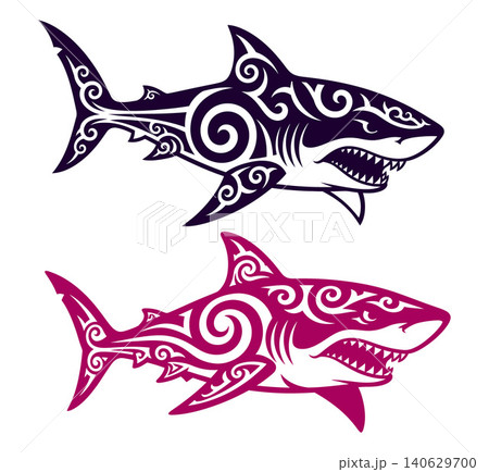 Aggressive tribal style shark vector illustrations with decorative swirl patterns, suitable for mascot designs Aggressive tribal style shark vector illustrations with decorative swirl patterns, suitable for mascot designs 140629700