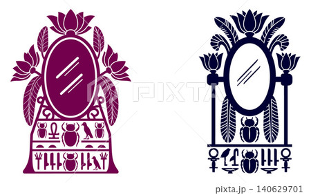 Ancient Egyptian style mirror illustrations adorned with lotus flowers, scarabs, and hieroglyph symbols Ancient Egyptian style mirror illustrations adorned with lotus flowers, scarabs, and hieroglyph symbols 140629701