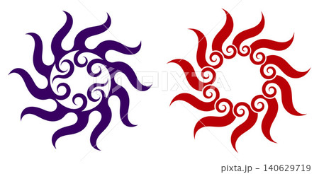 Circular sun motifs adorned with vibrant swirling flame like patterns, for spiritual or energy themes Circular sun motifs adorned with vibrant swirling flame like patterns, for spiritual or energy themes 140629719