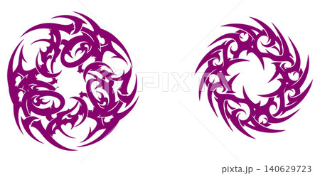Circular tribal ornament collection with sharp stylized elements, suitable for tattoo stencils or cultural motifs Circular tribal ornament collection with sharp stylized elements, suitable for tattoo stencils or cultural motifs 140629723