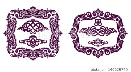 Collection of ornamental vintage frames displaying intricate scroll patterns and symmetrical floral inspired elements Collection of ornamental vintage frames displaying intricate scroll patterns and symmetrical floral inspired elements 140629740