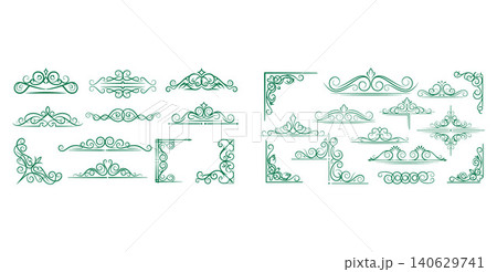 Collection of ornate calligraphic flourish and corner elements, perfect for elegant borders and decorative frames 140629741