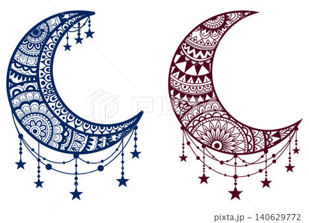 Decorative crescent moons adorned with intricate mandala patterns and hanging stars, ideal for spiritual or celestial themes 140629772