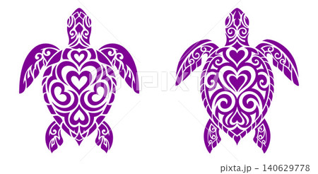Decorative ocean sea turtle silhouette adorned with traditional Polynesian tribal patterns and heart symbols 140629778