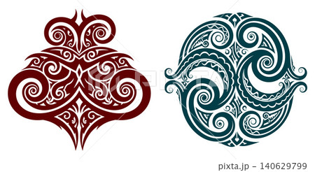 Detailed Polynesian inspired ornamental patterns featuring intricate traditional swirling koru elements and symmetrical flowing shapes 140629799