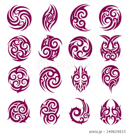 Diverse collection of stylized tribal swirl ornaments with intricate curves, suitable for decorative patterns or unique branding 140629815