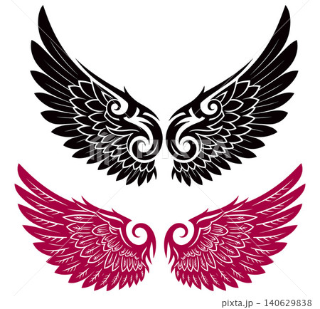 Dynamic stylized wing pairs with detailed feathering, featuring bold symmetrical patterns for emblems or apparel motifs Dynamic stylized wing pairs with detailed feathering, featuring bold symmetrical patterns for emblems or apparel motifs 140629838