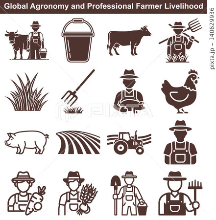 Agronomy and farming profession icons showing agricultural tools and livestock for rural projects Agronomy and farming profession icons showing agricultural tools and livestock for rural projects 140629936