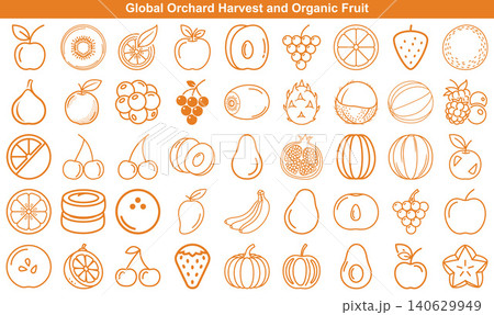 Assortment of global orchard harvest and organic fruit icons including apples and oranges Assortment of global orchard harvest and organic fruit icons including apples and oranges 140629949