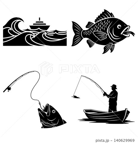 Collection of marine life and fishing activities featuring a boat, angler, fish, and ocean waves Collection of marine life and fishing activities featuring a boat, angler, fish, and ocean waves 140629969