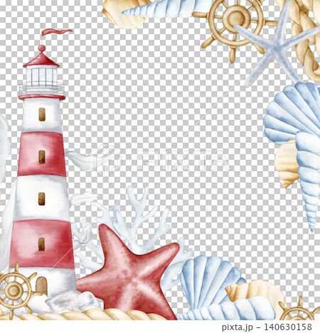 Watercolor nautical frame with lighthouse, starfish, shells and ship wheel isolated. Hand drawn marine template with copy space for beach party invitations, summer greeting cards and coastal decor. Watercolor nautical frame with lighthouse, starfish, shells and ship wheel isolated. Hand drawn marine template with copy space for beach party invitations, summer greeting cards and coastal decor. 140630158