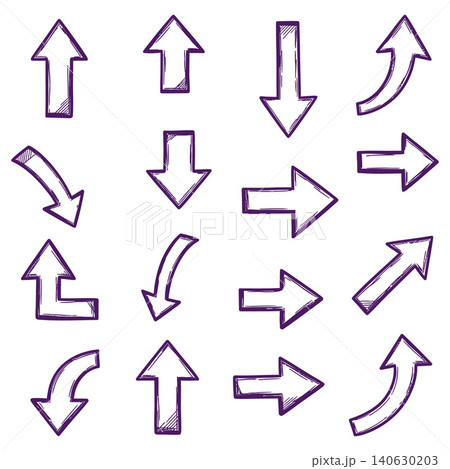 Grid of hand drawn sketchy vector arrows indicating various directions and curved movements 140630203