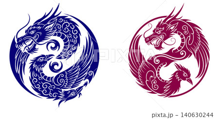 Intertwined tribal dragon and phoenix mythical creatures forming a circular balance symbol Intertwined tribal dragon and phoenix mythical creatures forming a circular balance symbol 140630244