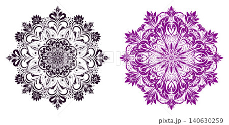 Intricate floral mandala vector illustrations with radiating symmetrical patterns, suitable for spiritual or decorative contexts 140630259