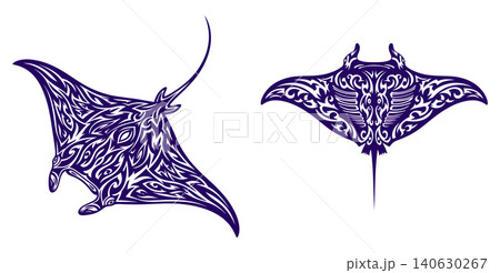Intricate manta ray vector illustrations featuring tribal art patterns for ocean themed design projects Intricate manta ray vector illustrations featuring tribal art patterns for ocean themed design projects 140630267