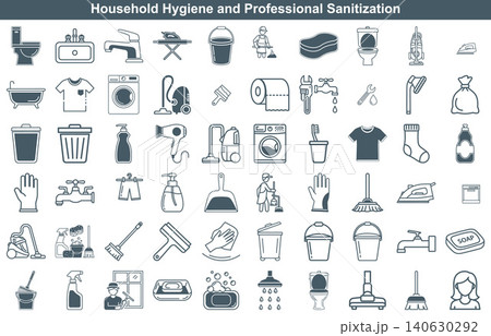 Household hygiene and professional sanitization icons for cleaning tasks and domestic chores Household hygiene and professional sanitization icons for cleaning tasks and domestic chores 140630292