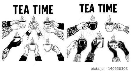 Multiple hands holding steaming cups of tea in a stylized illustration Multiple hands holding steaming cups of tea in a stylized illustration 140630308